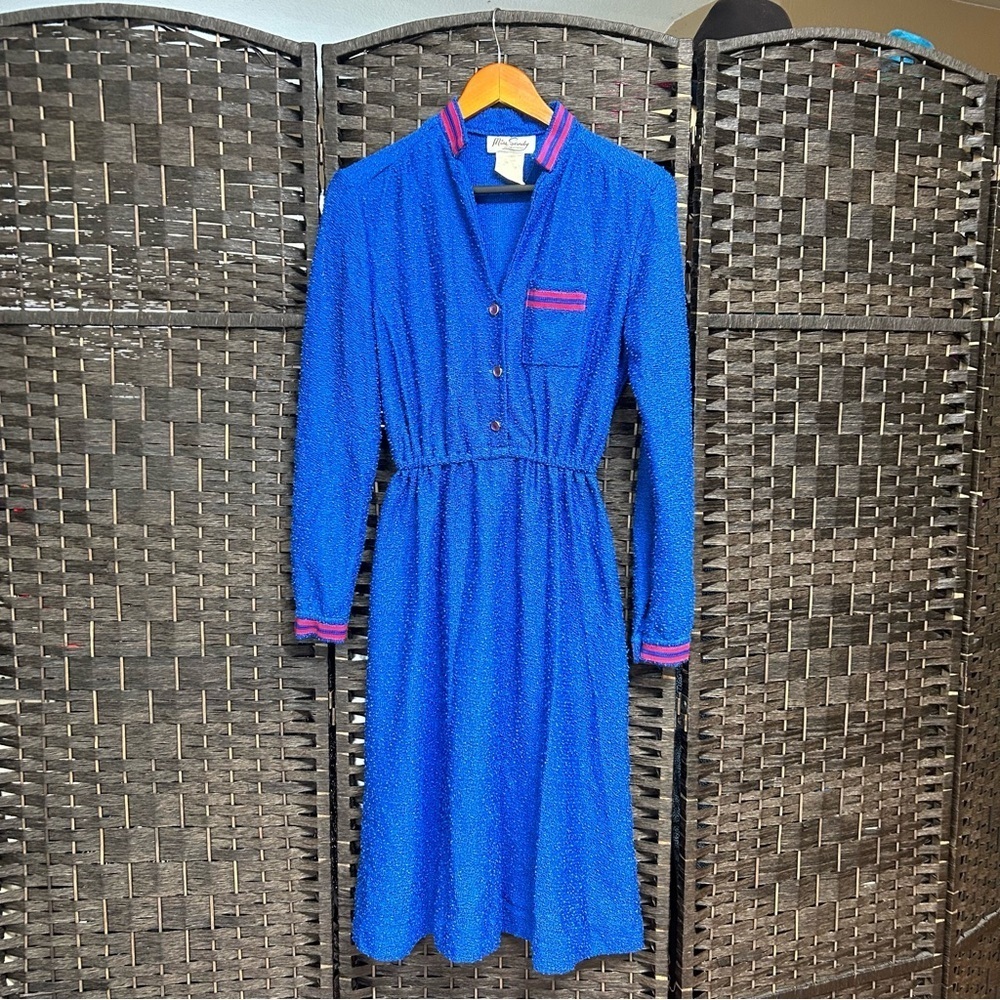 Miss Sandy 70s 80s vintage blue red textured dress M